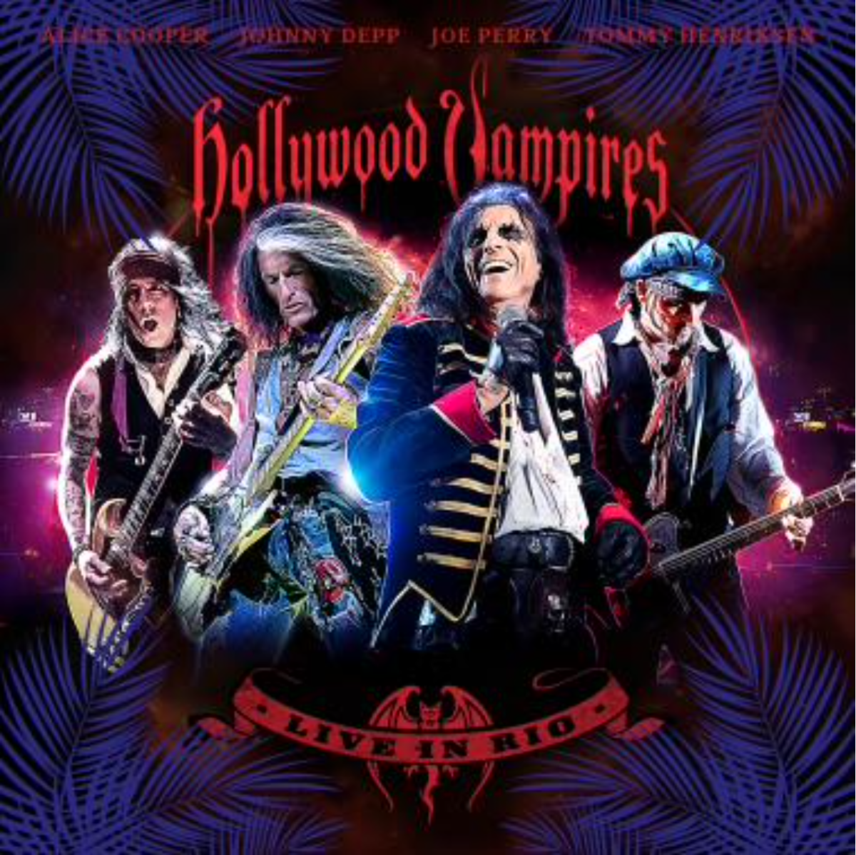 An image of all of the members of the superstar music group, featuring Alice Cooper, Johnny Depp, Tommy Henriksen, and Joe Perry, with the band logo and title of their new live album, 'Live in Rio'