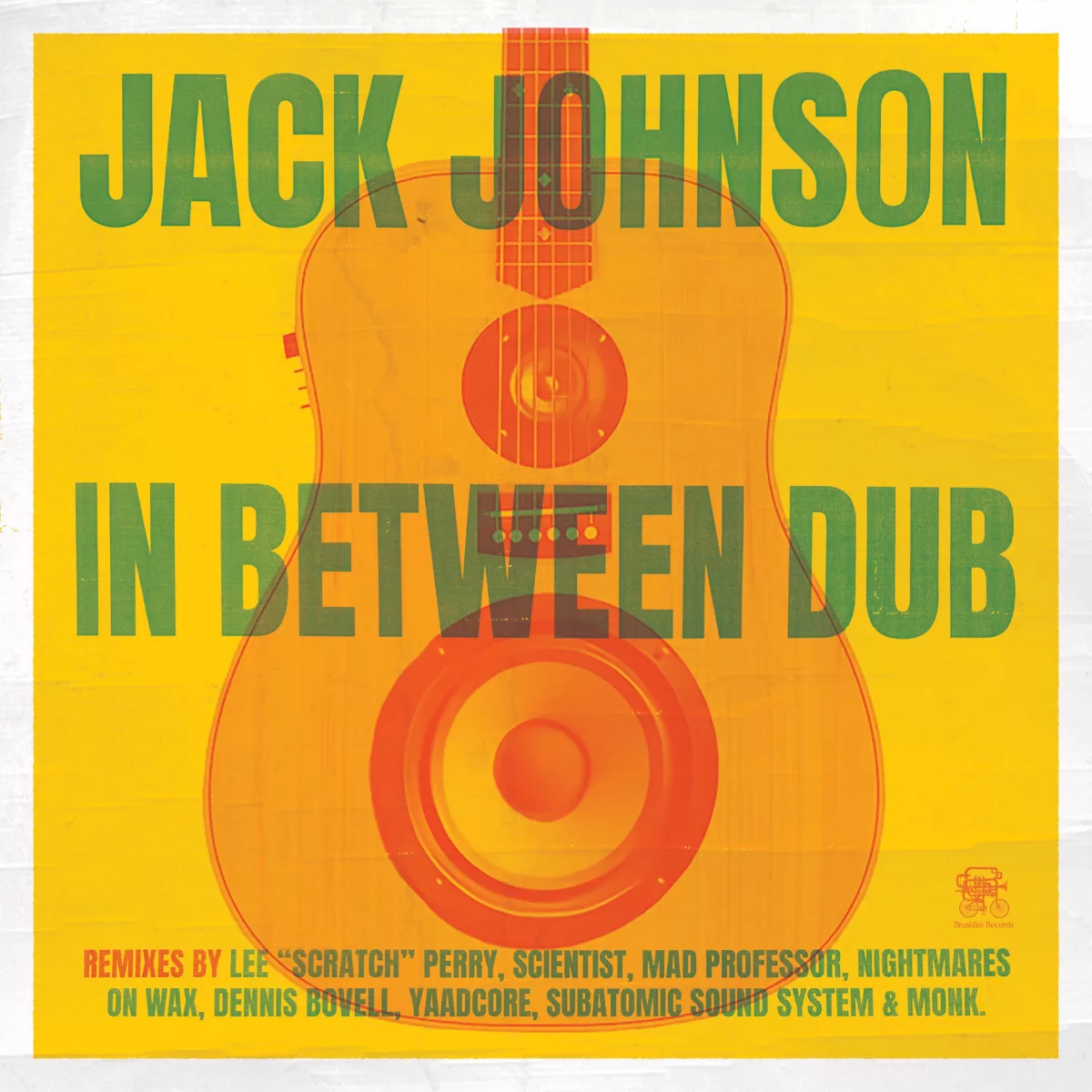 An image of Jack Johnson 'In Between Dub' title overlay with guitar and colorful font in background