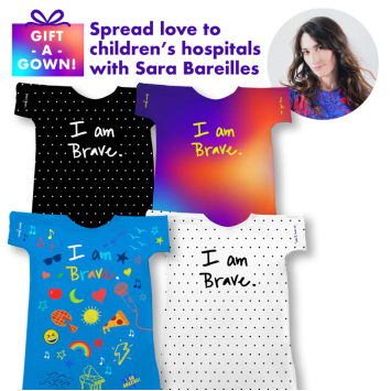 A promotional image of Sara Barielles' children's hospital gowns, featuring the logo 'I am Brave,' from her iconic hit single on it's 10th anniversary