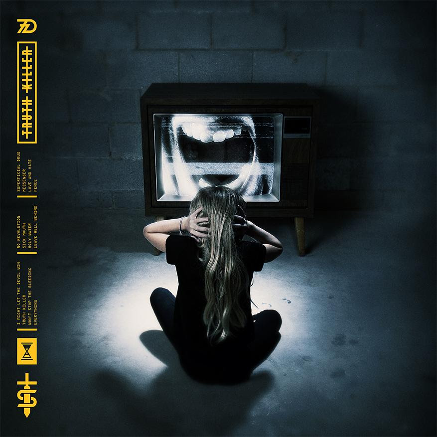 An image of a person sitting Indian style in front of a TV with an image on it, and the girl covering her ears for the album cover of rock band, Sevendust's latest album, Truth Killer