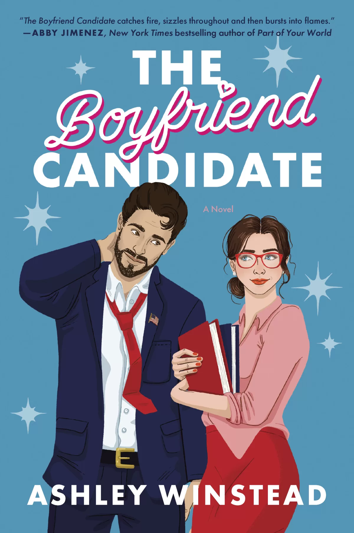A book cover of animated office woman and office guy for title The Boyfriend Candidate by author, Ashley Winstead
