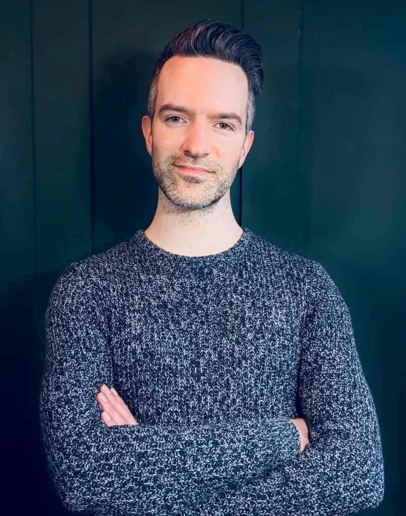 A half-body and headshot image of author, Alex Hay