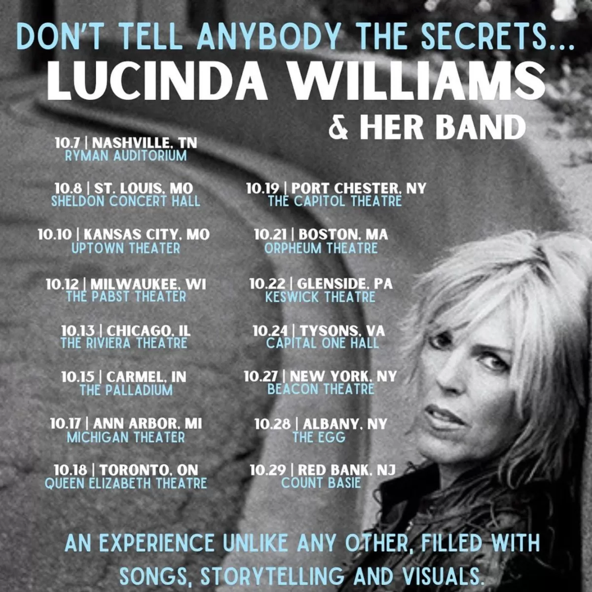 An image of Lucinda Williams with upcoming tour dates listed