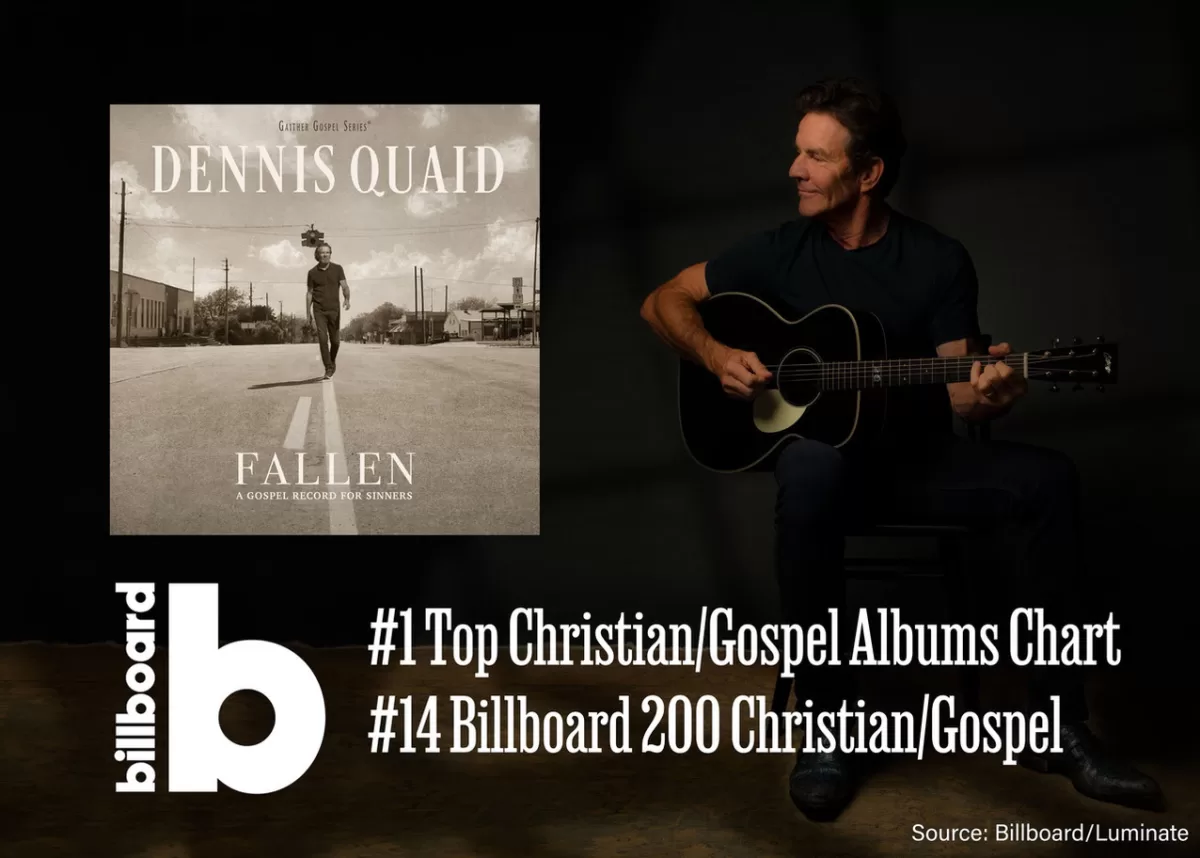 An image of actor Dennis Quaid and the cover of his new CD, Fallen: A Record for Sinners, provided with two headlines from Billboard Magazine