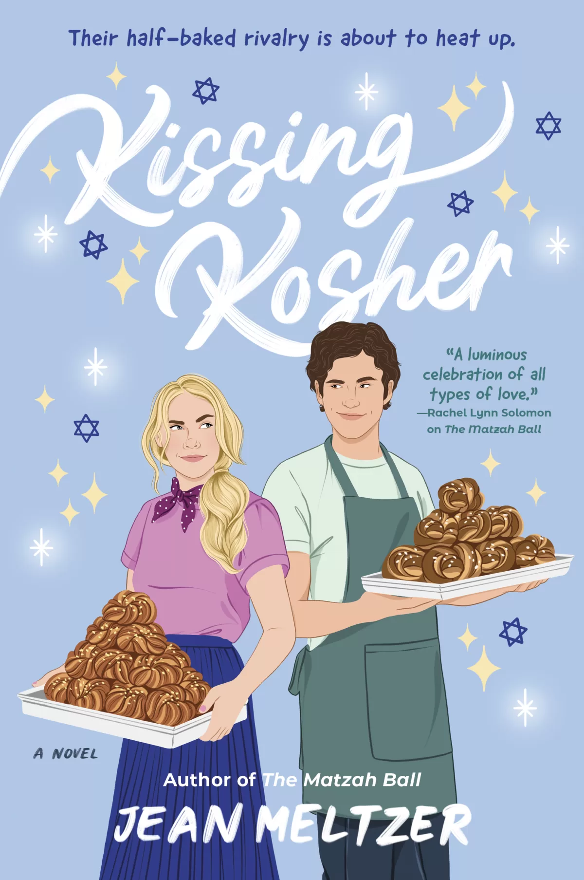 An image, featuring an animated girl and guy with platters of food, on the book cover for 'Kissing Kosher'
