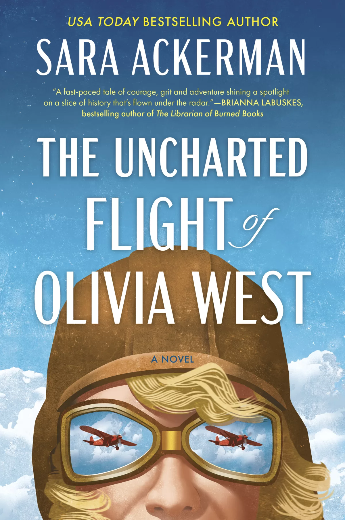 A book cover image featuring an Amelia Hart drawing look-alike, with head gear and flying goggles on, for book title "The Uncharted Flight of Olivia West."