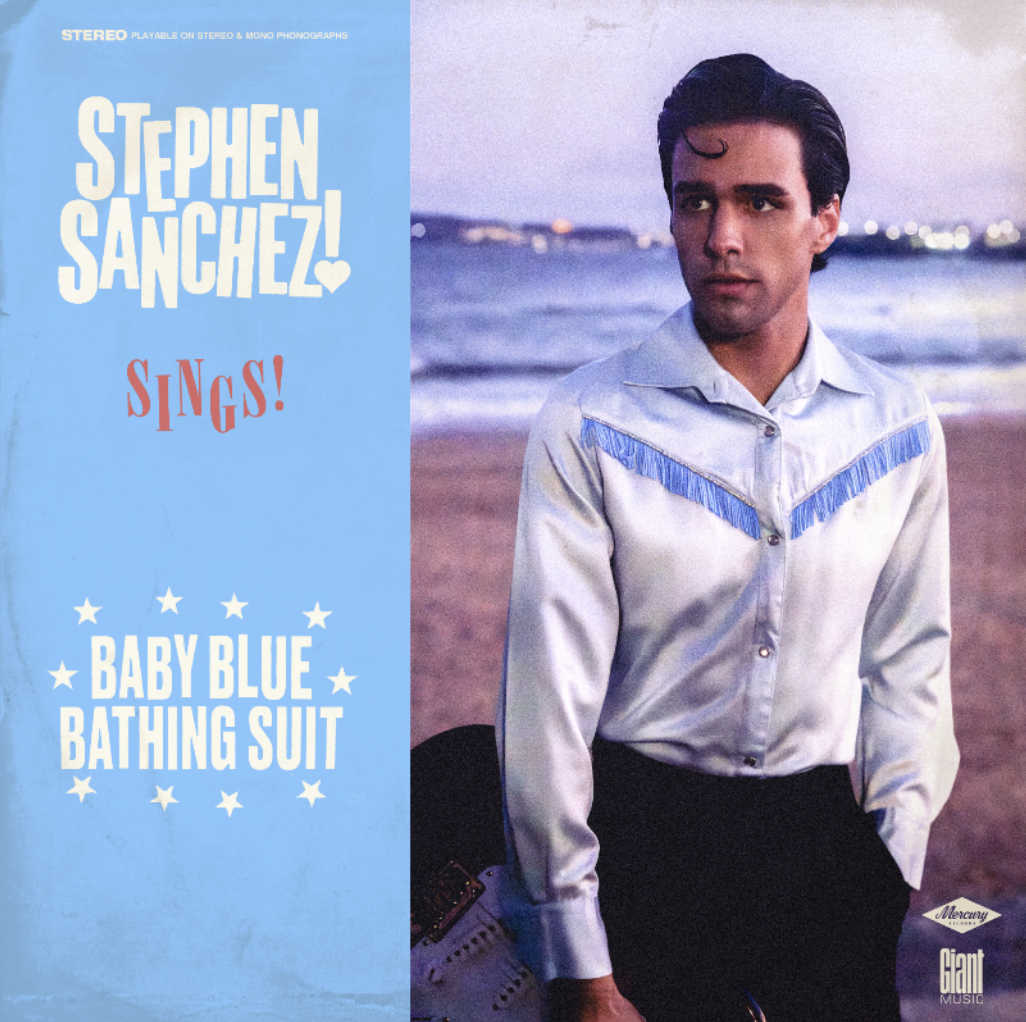 A promo image of Stephen Sanchez and his single, 'Baby Blue Bathing Suit'