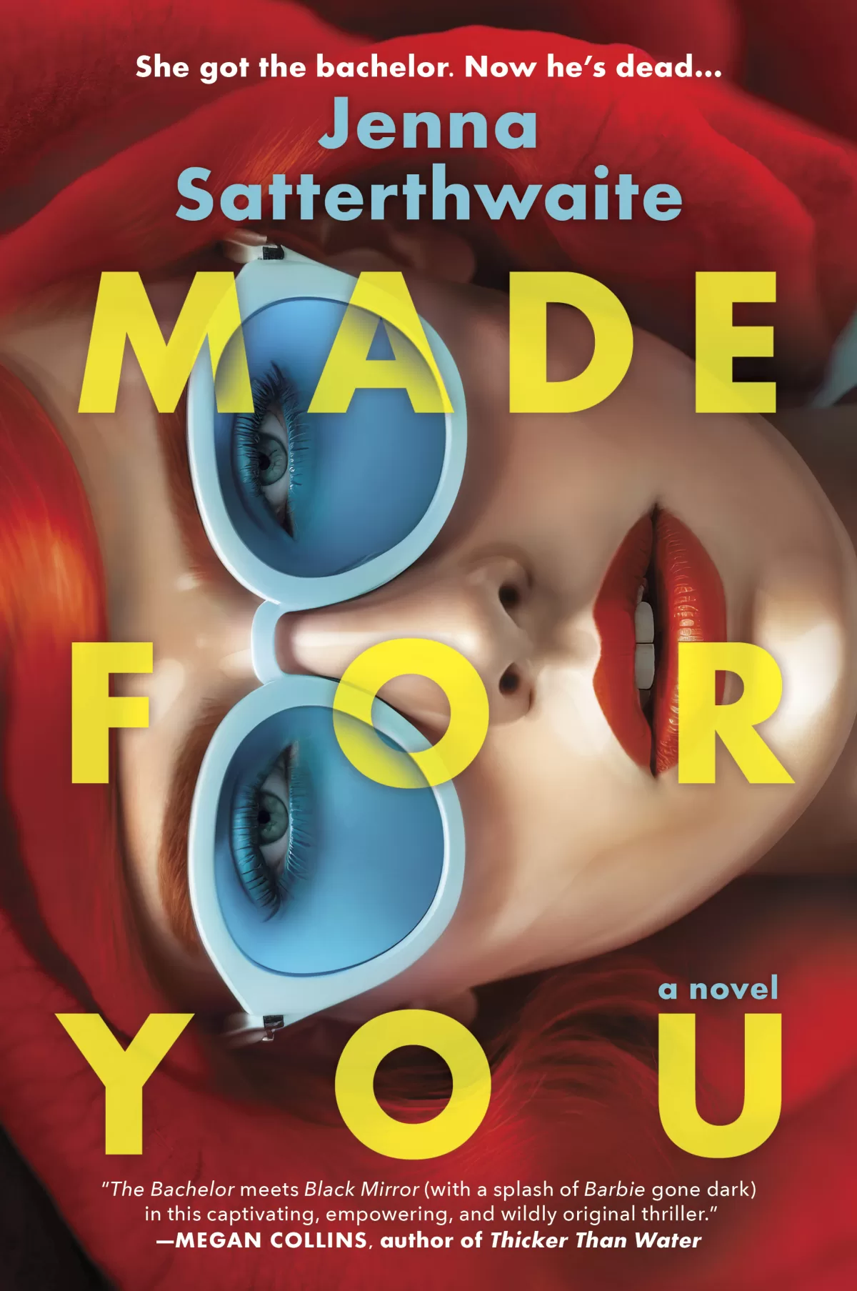 An image of a female with an outline of bright red hair with blue-tinted sunglasses and red-stained lipstick, with the title text, 'Made For You,' in yellow-colored, bright letters.