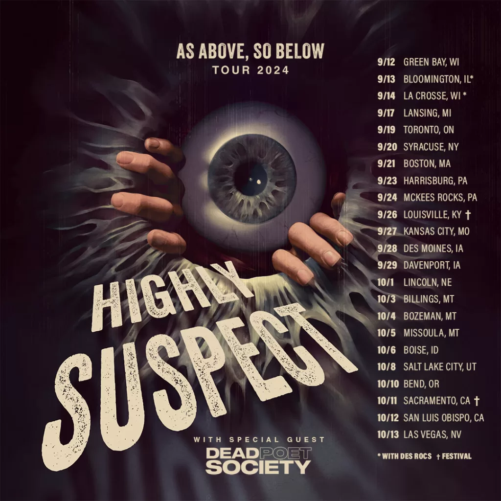 An image of an animated eyeball with fingers grabbing both sides of the eyeball, with a list of tour dates for the rock band, Highly Suspect