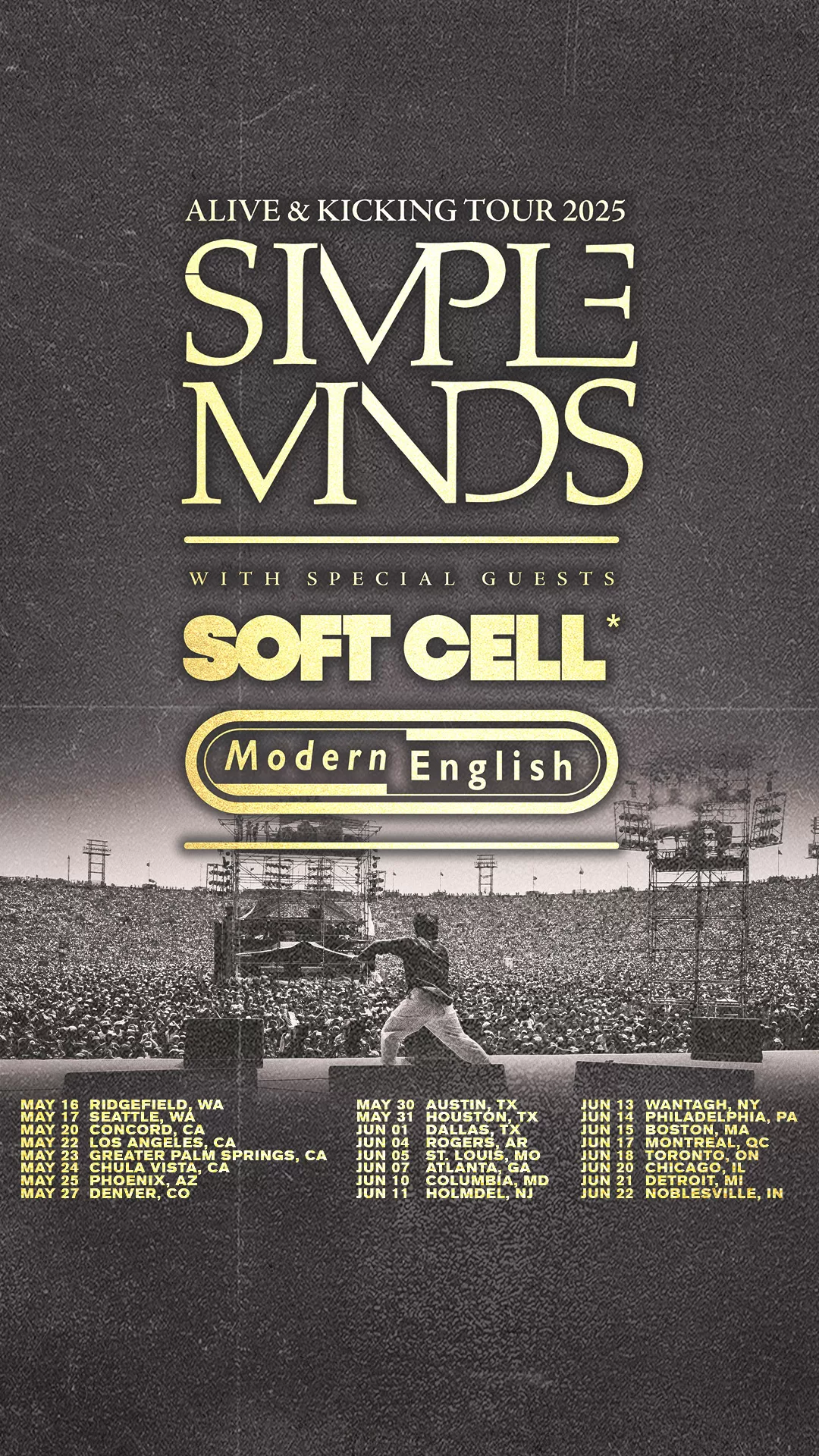 An image of 80s band title, Simple Minds, along with Soft Cell and Modern English title, with tour dates listed