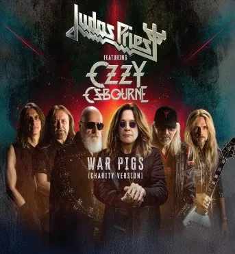 An image of Ozzy Osbourne and group members of Judas Priest