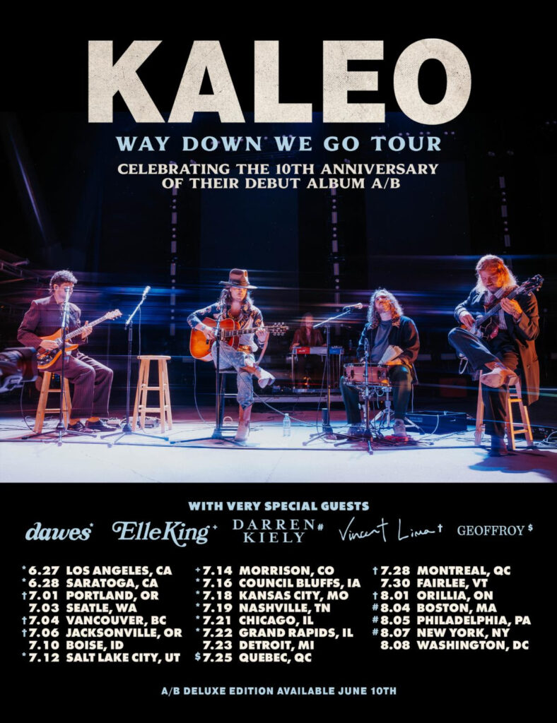 An image, poster style, featuring members of the band, Kaleo, and their upcoming tour in 2026 in celebration of their new album, A/B.