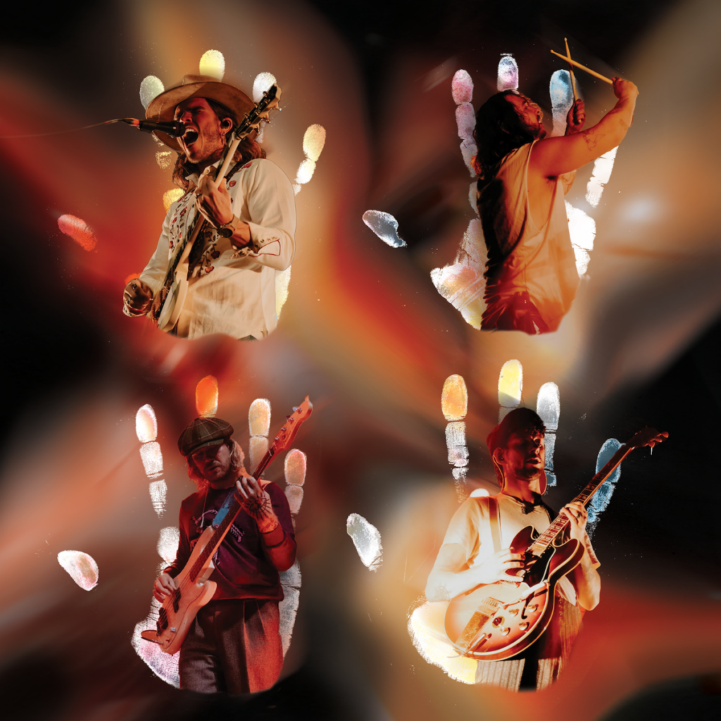 An image of handprints of each of the band members of the group, Kaleo