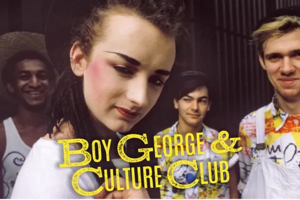 An image still of Boy George and members of his group, Culture Club