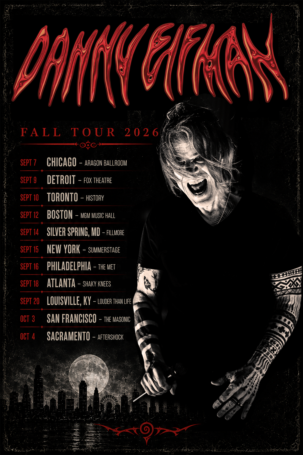 An image of Danny Elfman, standing, laughing wide, with his tour dates listed next to him on the left side of the image.